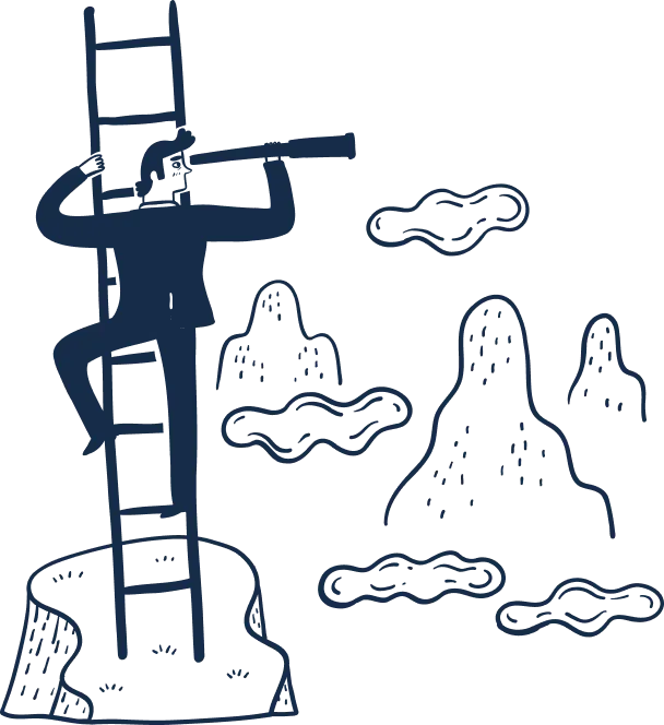 Pictogramme illustratif avec une personne montant sur une echelle plus haut que les nuages