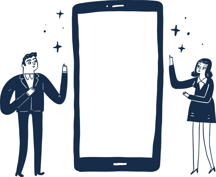 Pictogramme illustratif de 2 personnes autour d'un écran géant